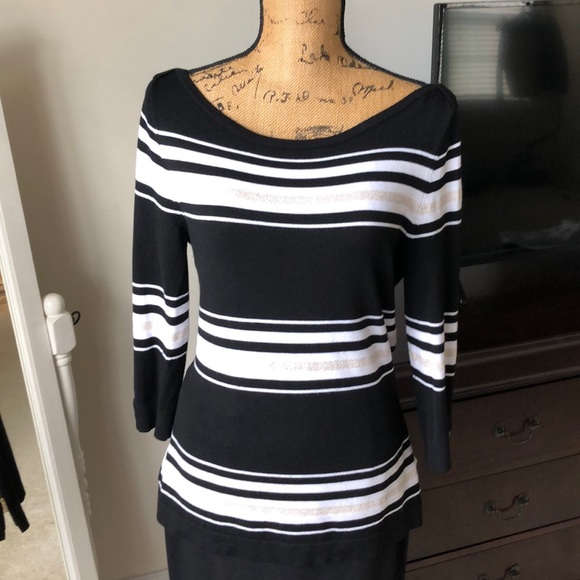WHBM black white hold stripe 3/4 sleeves - Picture 1 of 6